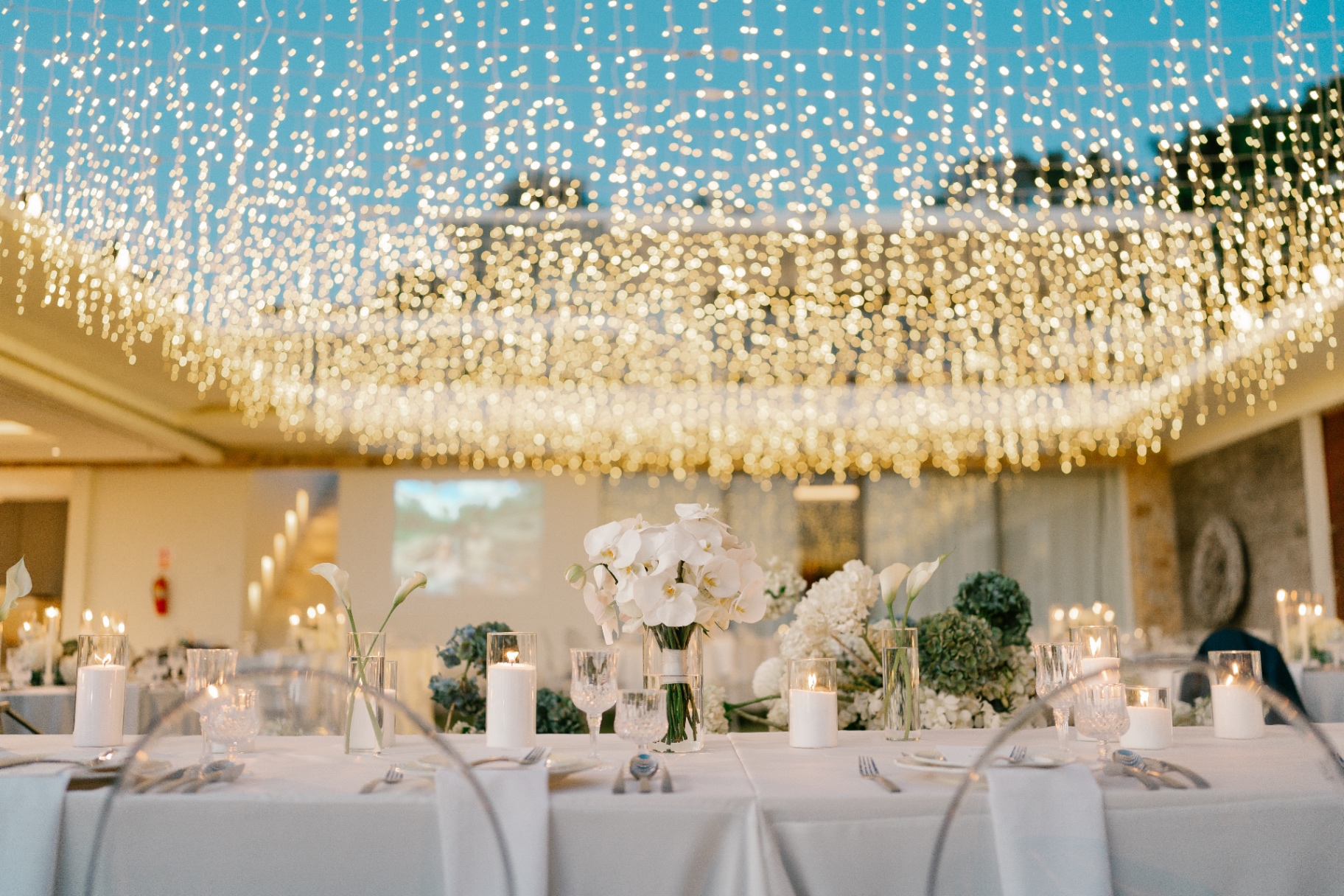 Reception dinner beneath a fairy-light ceiling