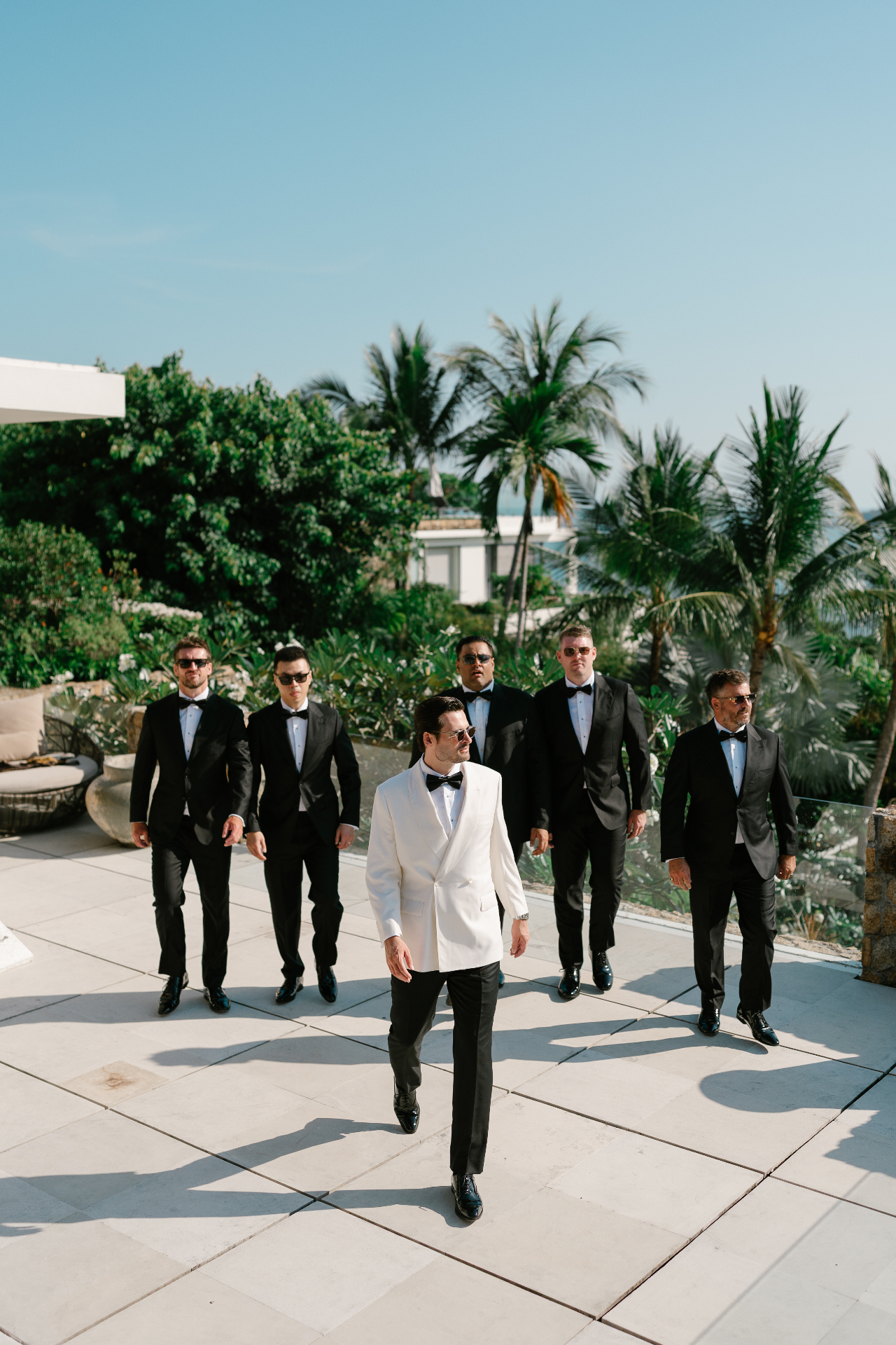 Groom and groomsmen on the villa terrace