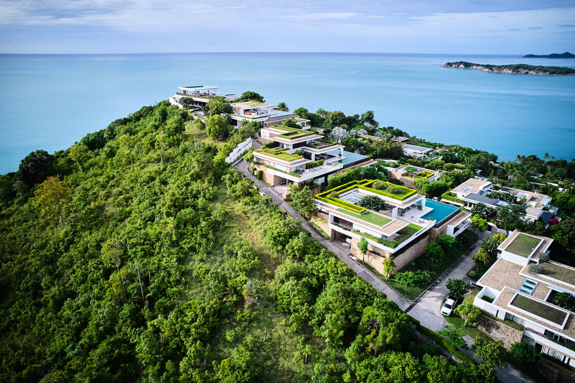 Aerial view of the Samujana estate overlooking Choeng Mon bay, Koh Samui